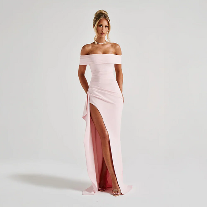 Vivienne | Off Shoulder Maxi Dress Ruched High Slit Formal