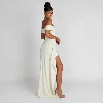 Vivienne | Off Shoulder Maxi Dress Ruched High Slit Formal