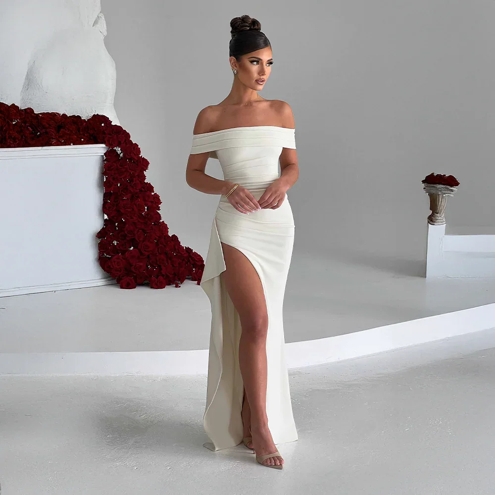 Vivienne | Off Shoulder Maxi Dress Ruched High Slit Formal