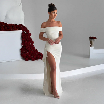 Vivienne | Off Shoulder Maxi Dress Ruched High Slit Formal