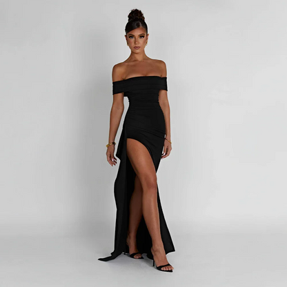 Vivienne | Off Shoulder Maxi Dress Ruched High Slit Formal