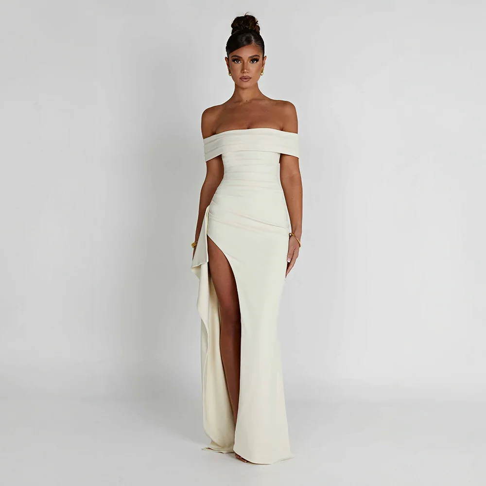 Vivienne | Off Shoulder Maxi Dress Ruched High Slit Formal