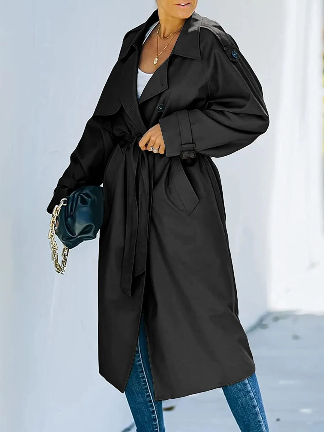 Amberlyn | Women's Belted Long Trench Coat with Lapel Collar