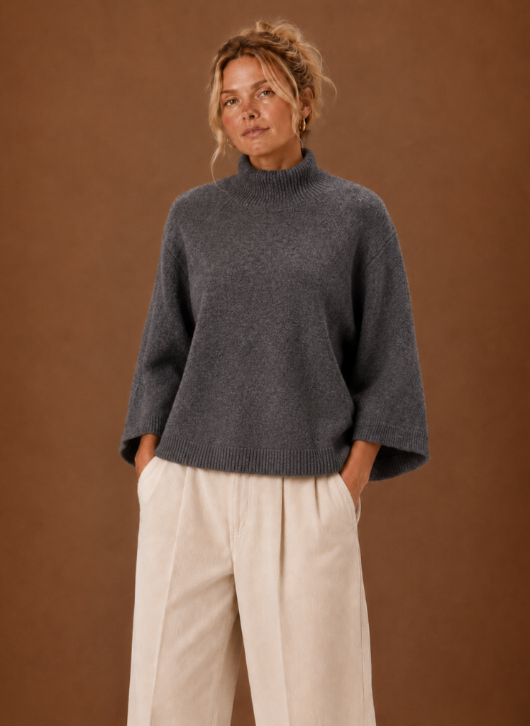 Neswick | Women's Chunky Knit Mock Neck Oversized Bell Sleeve Pullover Sweater