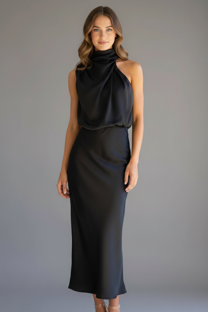 Celina | Draped High Neck Halter Sleeveless Satin Elegant Midi Dress
