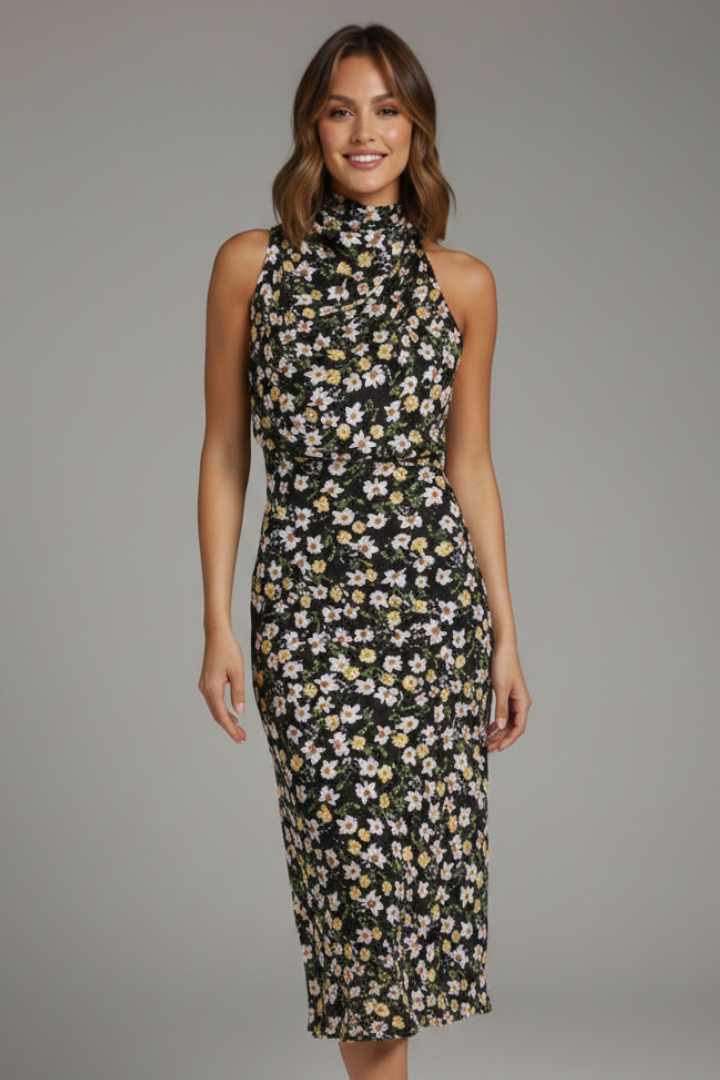 Celina | Draped High Neck Halter Sleeveless Satin Elegant Midi Dress