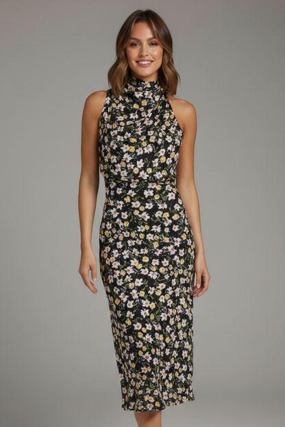 Celina | Draped High Neck Halter Sleeveless Satin Elegant Midi Dress