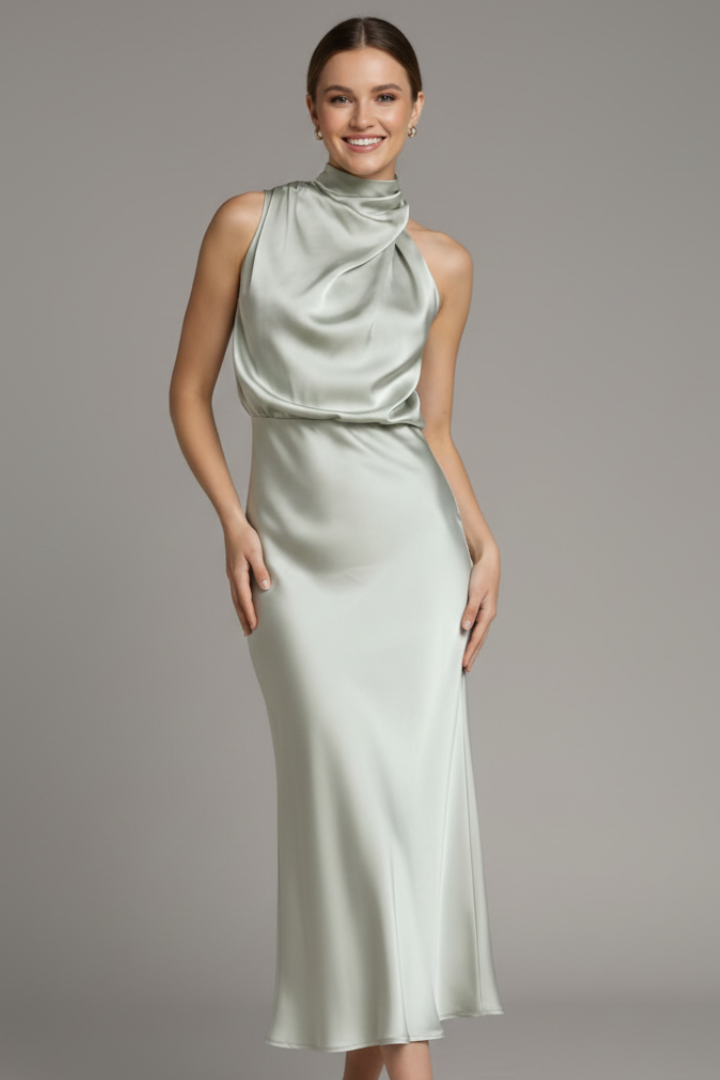 Celina | Draped High Neck Halter Sleeveless Satin Elegant Midi Dress