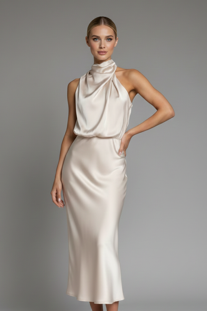 Celina | Draped High Neck Halter Sleeveless Satin Elegant Midi Dress