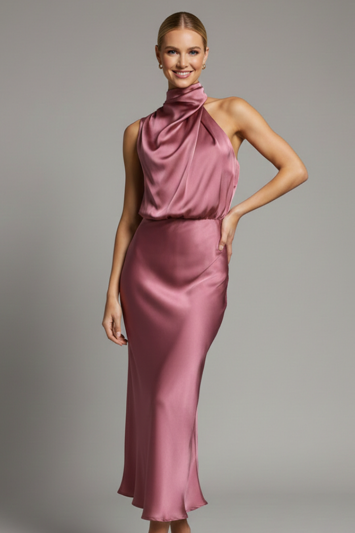 Celina | Draped High Neck Halter Sleeveless Satin Elegant Midi Dress