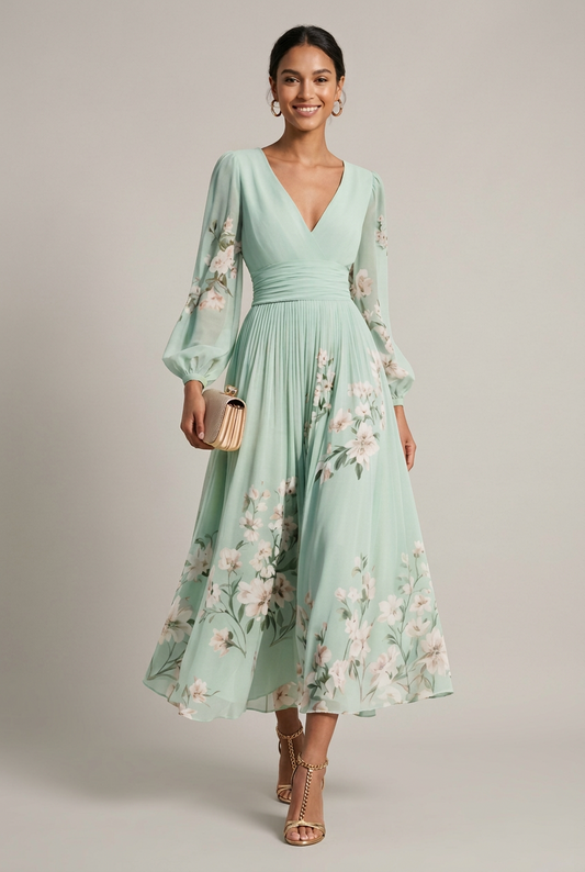 Celeste | Floral Bishop Sleeve V Neck Chiffon Maxi Wedding Guest Dress