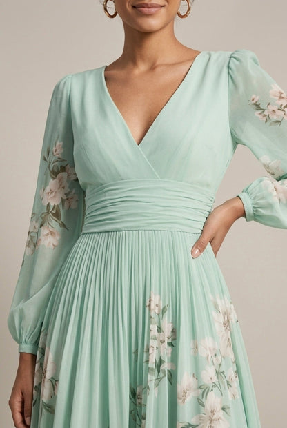 Celeste | Floral Bishop Sleeve V Neck Chiffon Maxi Wedding Guest Dress