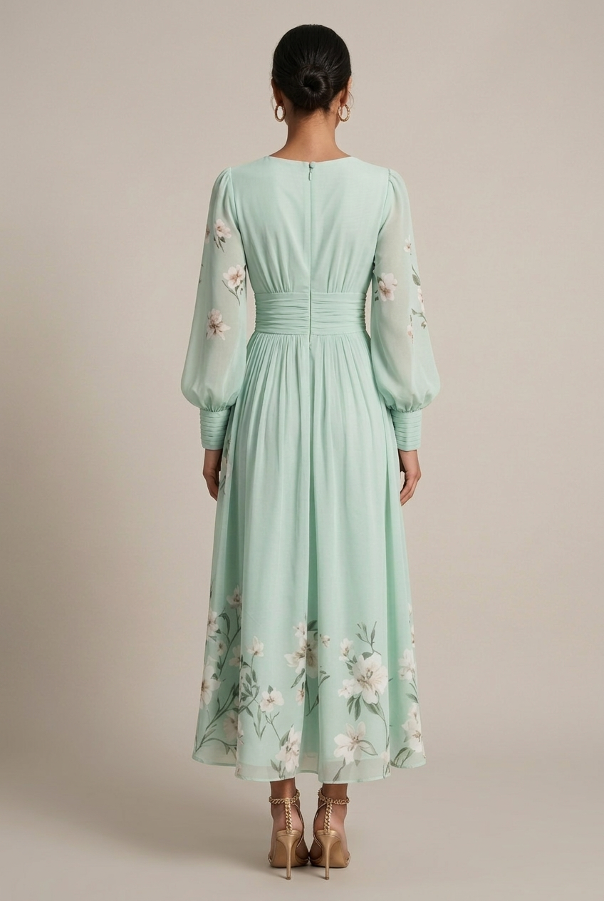 Celeste | Floral Bishop Sleeve V Neck Chiffon Maxi Wedding Guest Dress