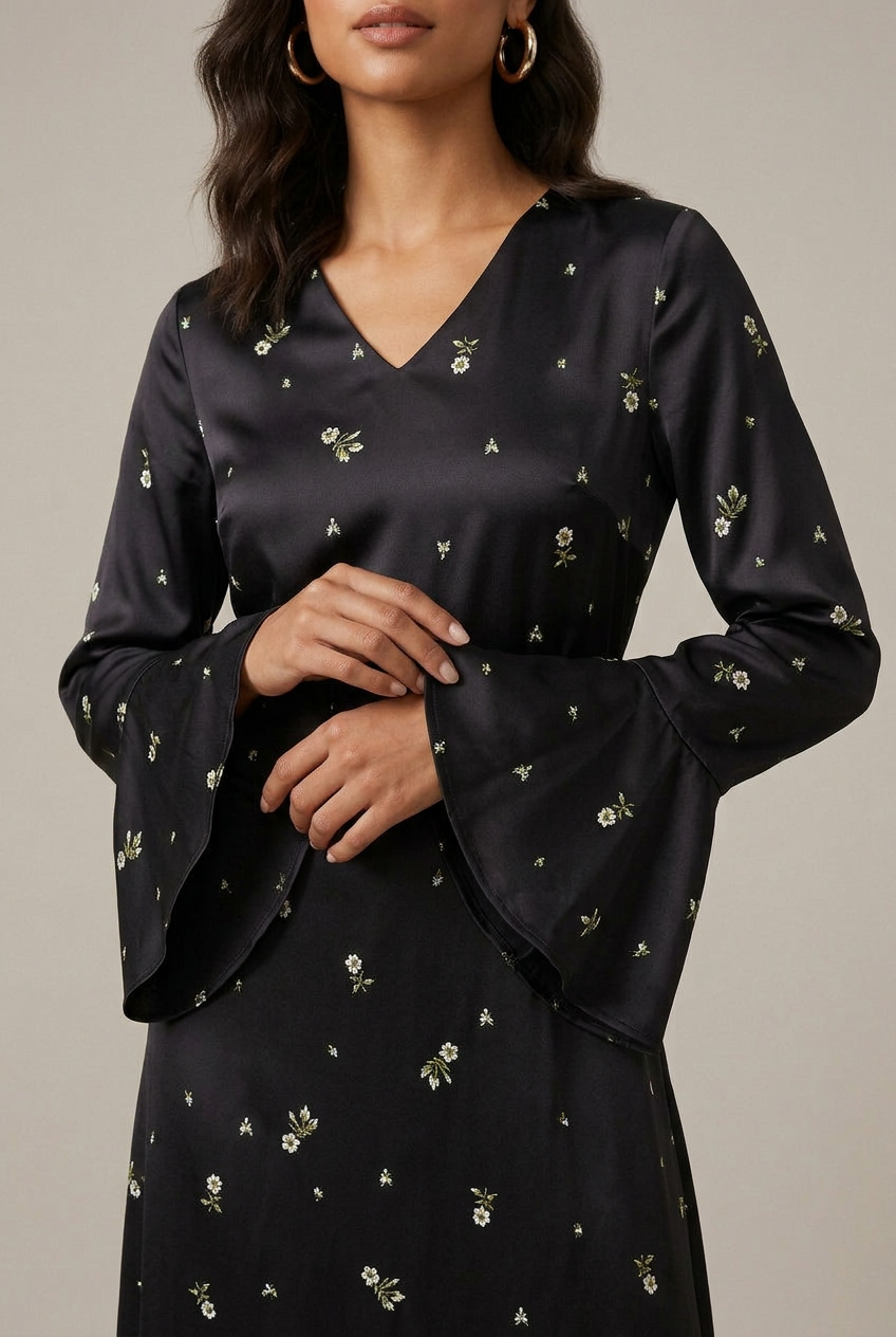 Rose | Floral V Neck Bell Sleeve A-Line Maxi Dress