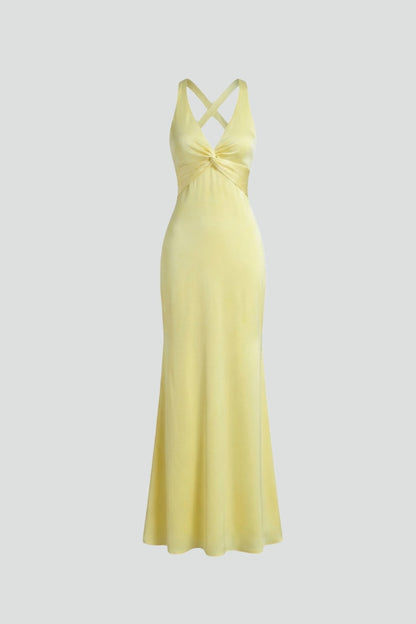 Bianca | Deep V Neck Twisted Knot Halter Satin Bodycon Elegant Maxi Dress