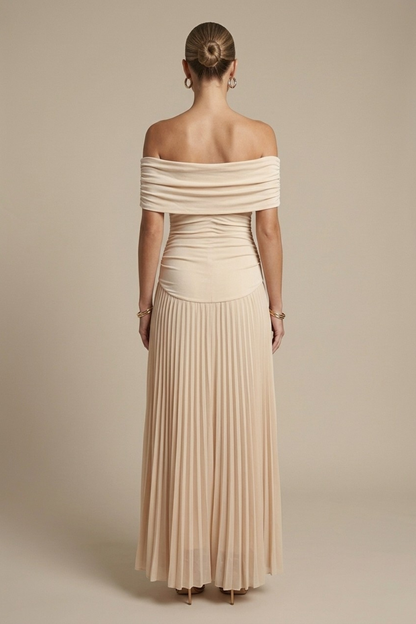 Emma | Off Shoulder Ruched Pleated Maxi Wedding Guest Dress