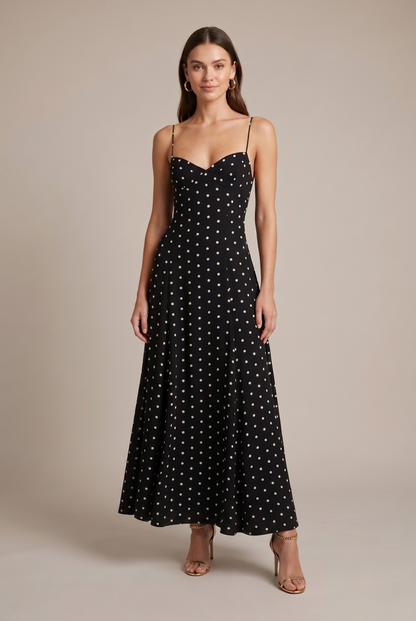 Noelle | Polka Dot Spaghetti Strap Sweetheart Maxi Wedding Guest Dress