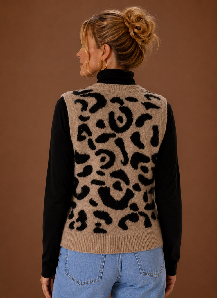 Wexana | Women's Leopard Print V-Neck Button Front Sweater Vest