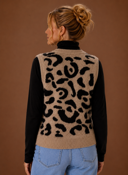 Wexana | Women's Leopard Print V-Neck Button Front Sweater Vest