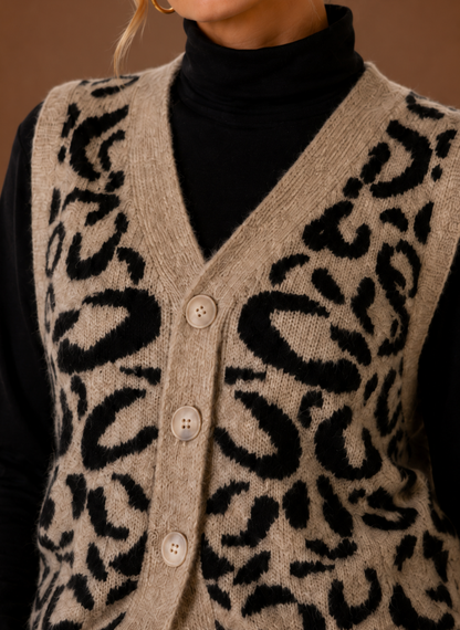 Wexana | Women's Leopard Print V-Neck Button Front Sweater Vest