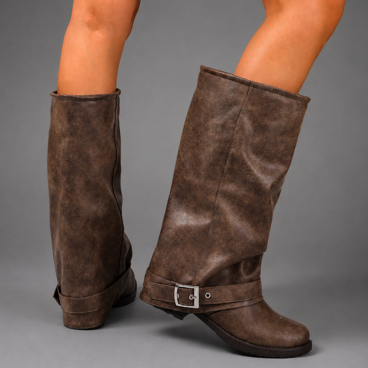 Wexford | Women's Slouch Buckle Fold Over Lug Sole Knee High Boot