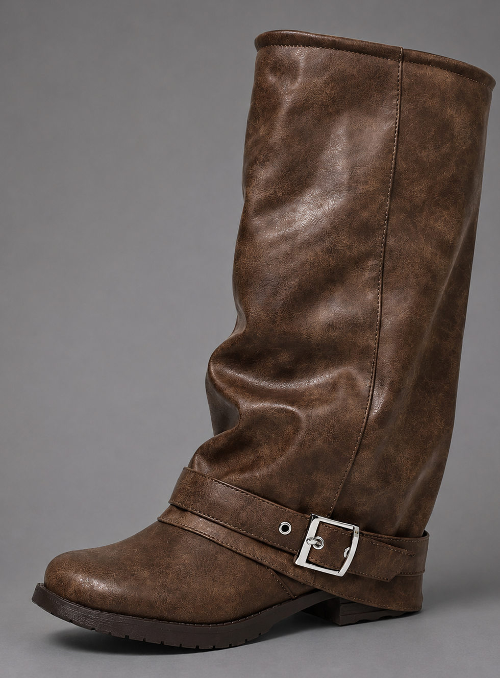 Wexford | Women's Slouch Buckle Fold Over Lug Sole Knee High Boot