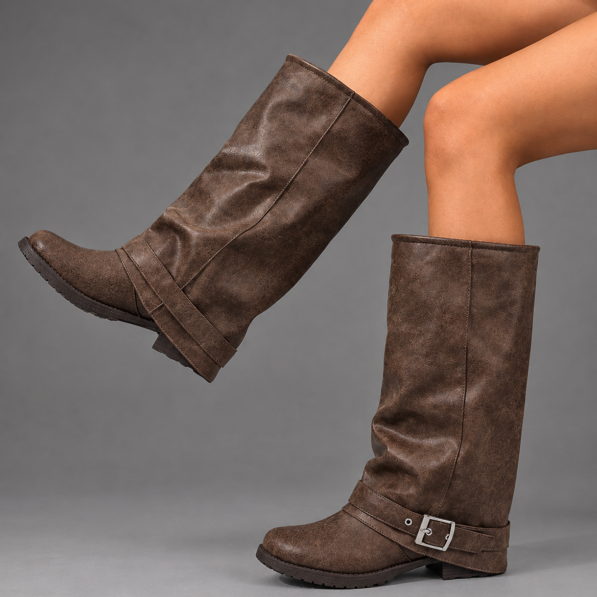 Wexford | Women's Slouch Buckle Fold Over Lug Sole Knee High Boot