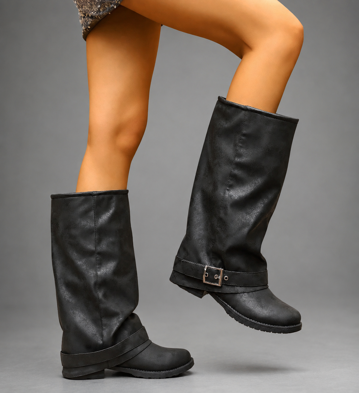 Brennah | Women's Slouch Buckle Strap Block Heel Knee High Boot