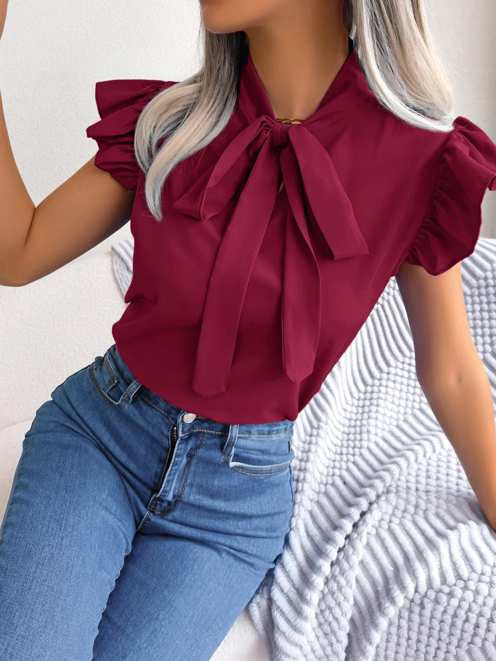 Ethel | Bow Tie Neck Ruffle Shoulder Sleeveless Elegant Blouse