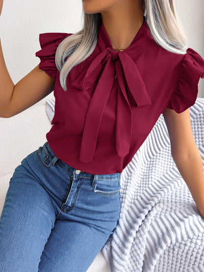 Ethel | Bow Tie Neck Ruffle Shoulder Sleeveless Elegant Blouse