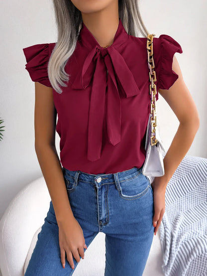 Ethel | Bow Tie Neck Ruffle Shoulder Sleeveless Elegant Blouse