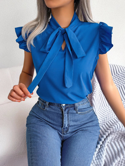 Ethel | Bow Tie Neck Ruffle Shoulder Sleeveless Elegant Blouse