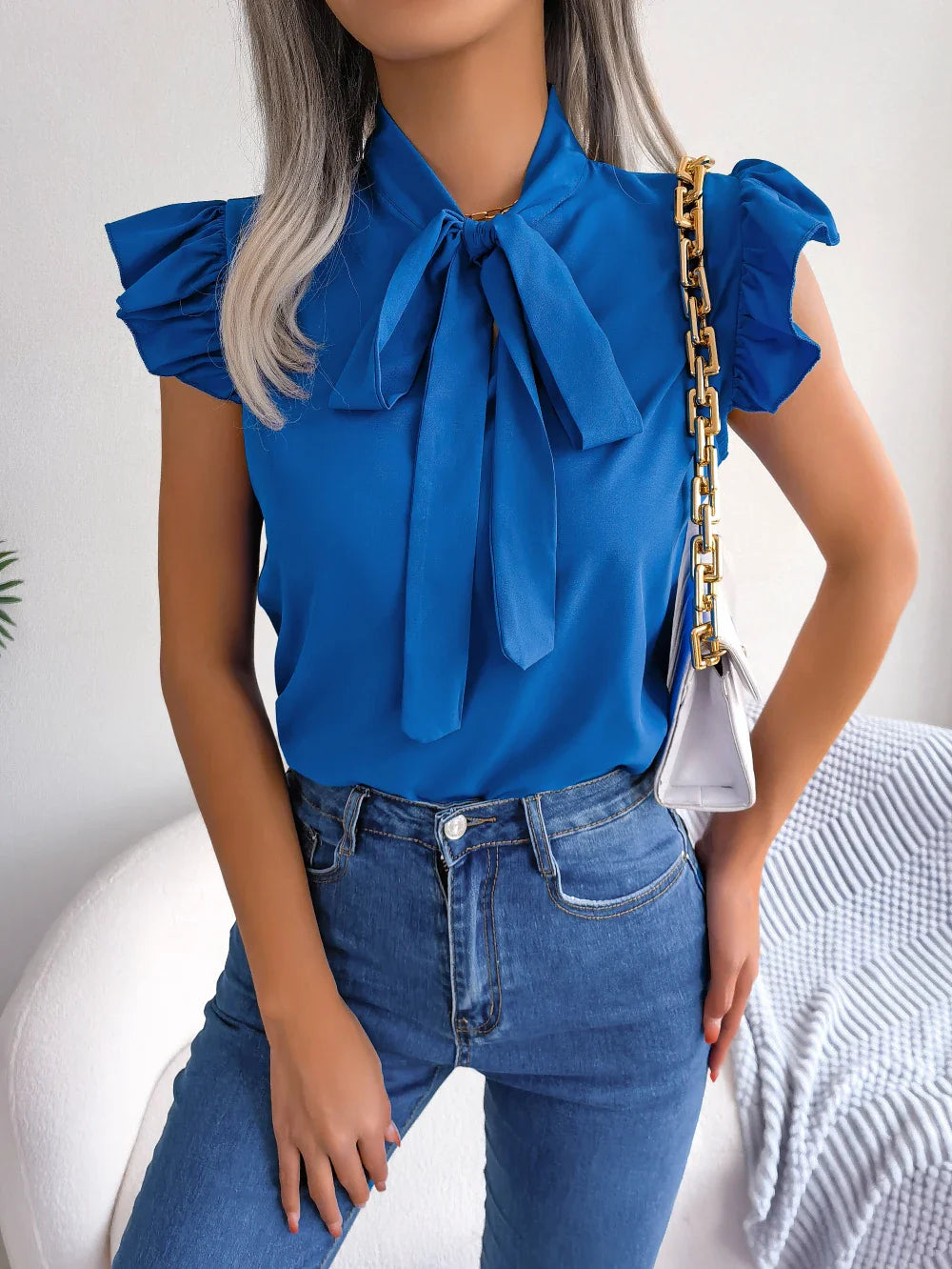 Ethel | Bow Tie Neck Ruffle Shoulder Sleeveless Elegant Blouse