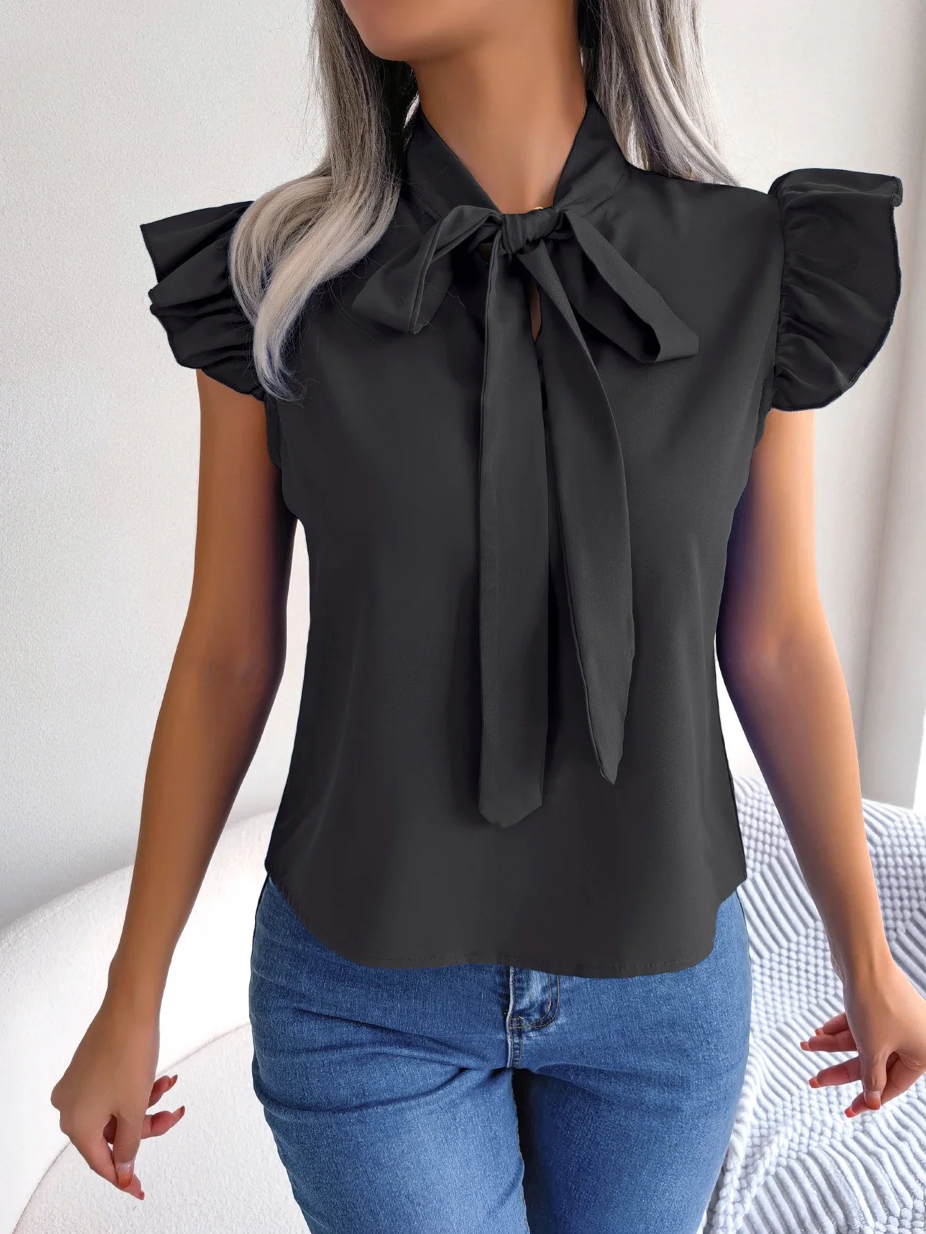 Ethel | Bow Tie Neck Ruffle Shoulder Sleeveless Elegant Blouse