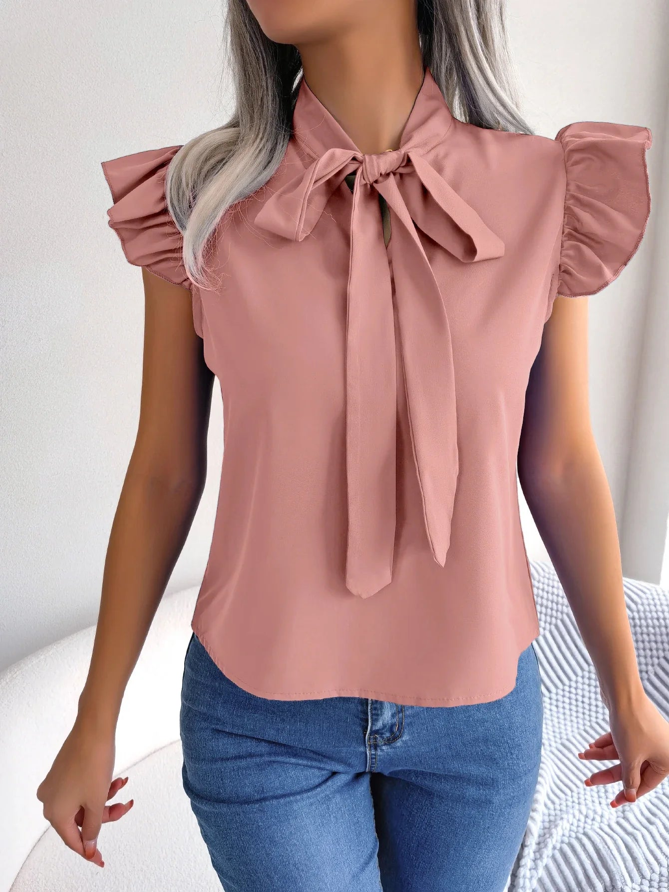 Ethel | Bow Tie Neck Ruffle Shoulder Sleeveless Elegant Blouse