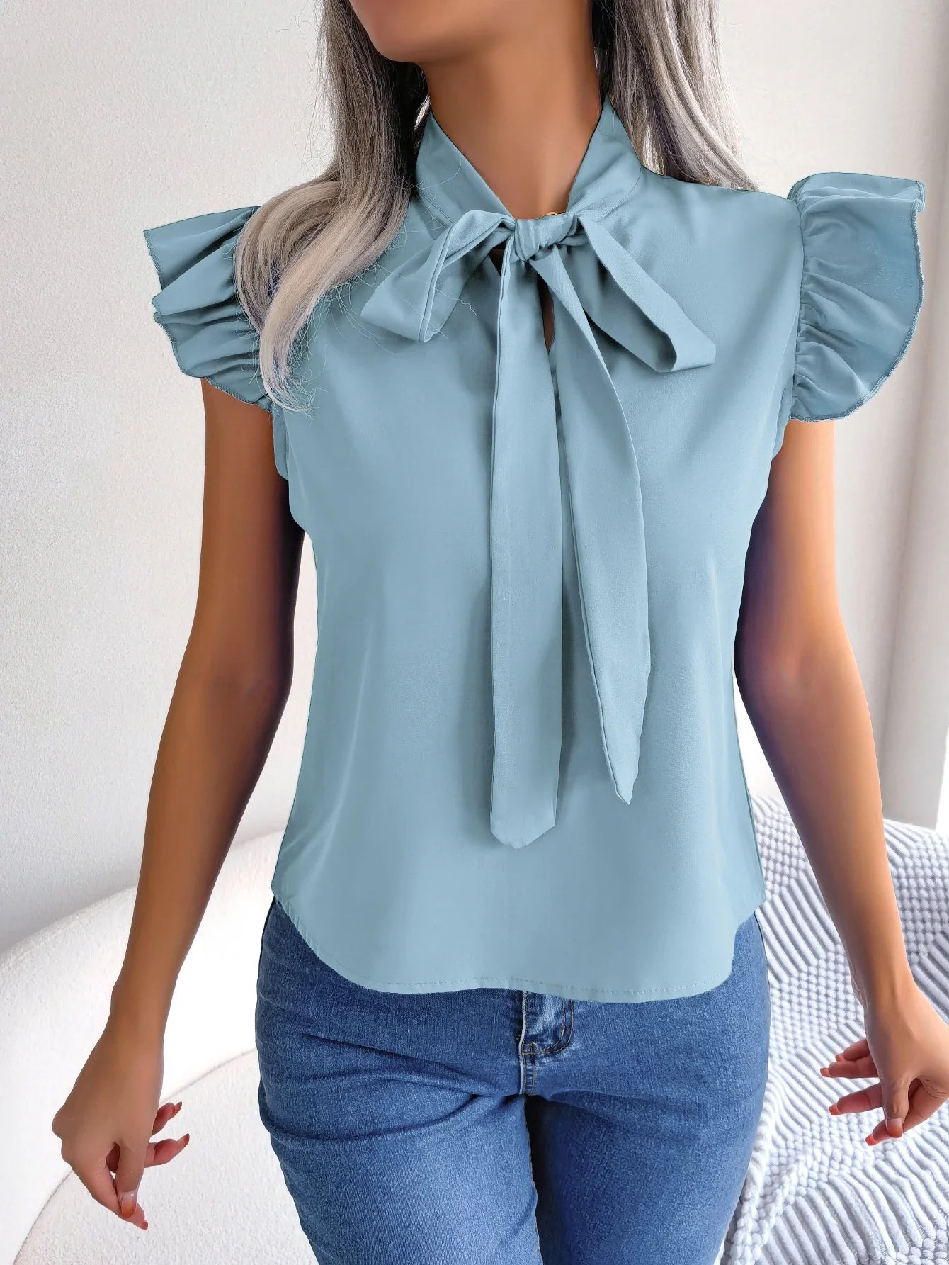 Ethel | Bow Tie Neck Ruffle Shoulder Sleeveless Elegant Blouse