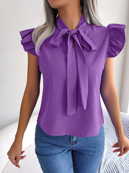 Ethel | Bow Tie Neck Ruffle Shoulder Sleeveless Elegant Blouse