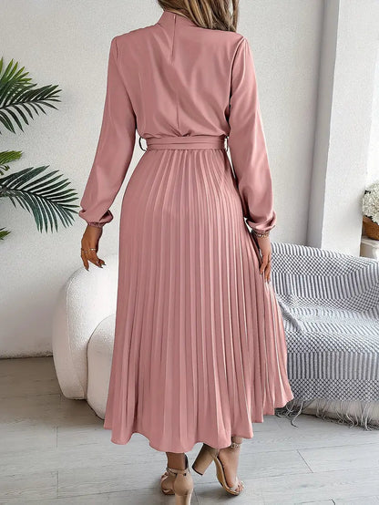 Chloé | Pleated Belted Waist Long Sleeve Midi Wedding Guest Dress