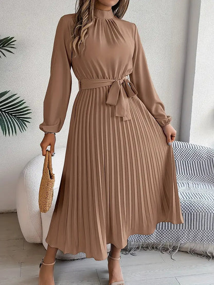 Chloé | Pleated Belted Waist Long Sleeve Midi Wedding Guest Dress