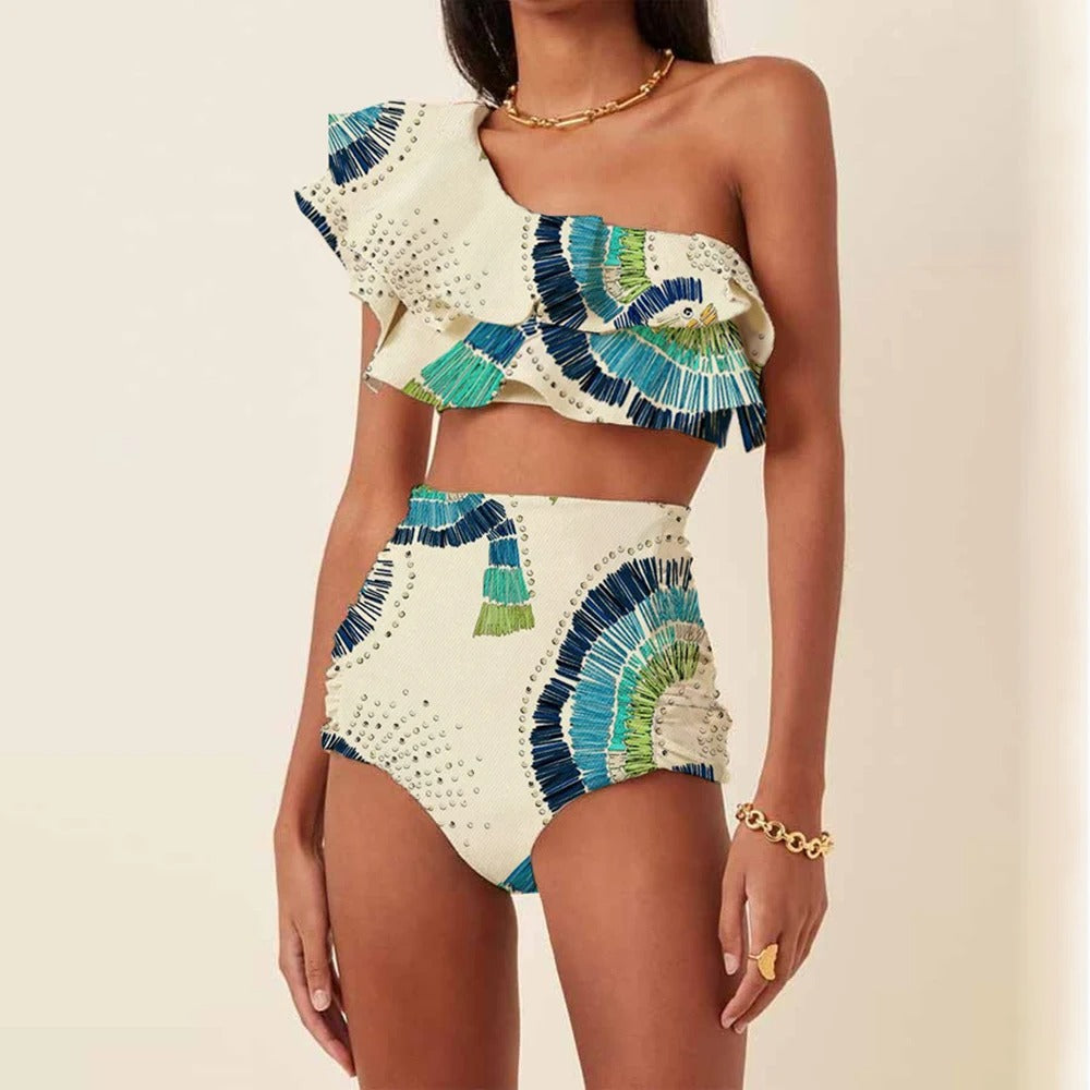 Siena | One Shoulder Ruffle Fan Print High Waist Bikini Set