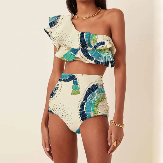Siena | One Shoulder Ruffle Fan Print High Waist Bikini Set