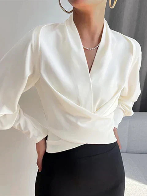 Camille | Women's Elegant Draped V-Neck Puff Sleeve Blouse
