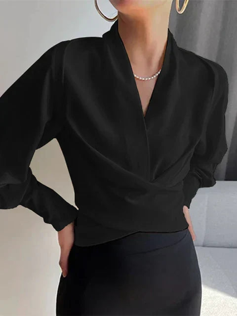 Camille | Women's Elegant Draped V-Neck Puff Sleeve Blouse