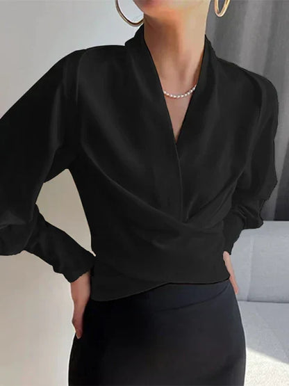 Camille | Women's Elegant Draped V-Neck Puff Sleeve Blouse