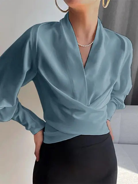 Camille | Women's Elegant Draped V-Neck Puff Sleeve Blouse