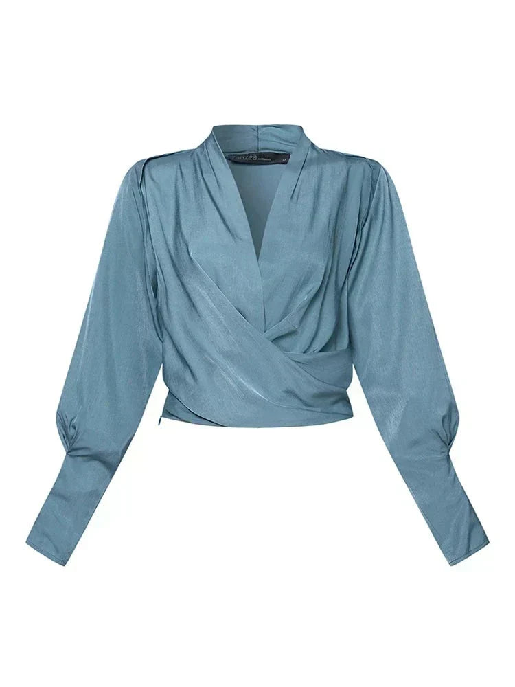 Camille | Women's Elegant Draped V-Neck Puff Sleeve Blouse