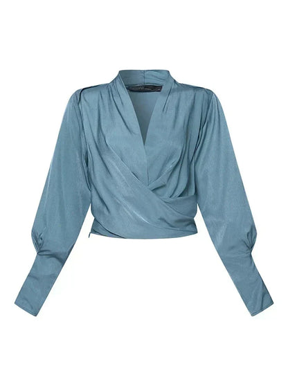 Camille | Women's Elegant Draped V-Neck Puff Sleeve Blouse