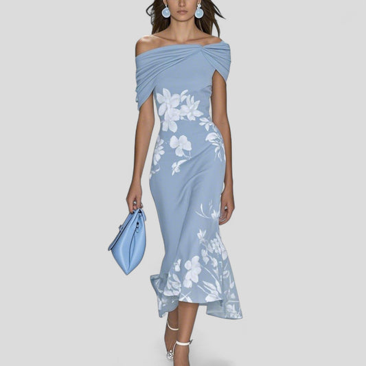 Isabrunel | Floral Off Shoulder Draped Ruffle Hem Bodycon Midi Dress