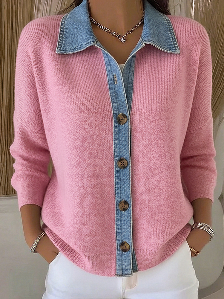 Marlise | Women's Polo Collar Denim Trim Knit Cardigan