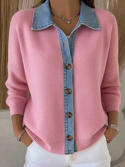 Marlise | Women's Polo Collar Denim Trim Knit Cardigan